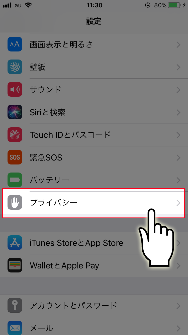 ②「プライバシー」メニューを開く